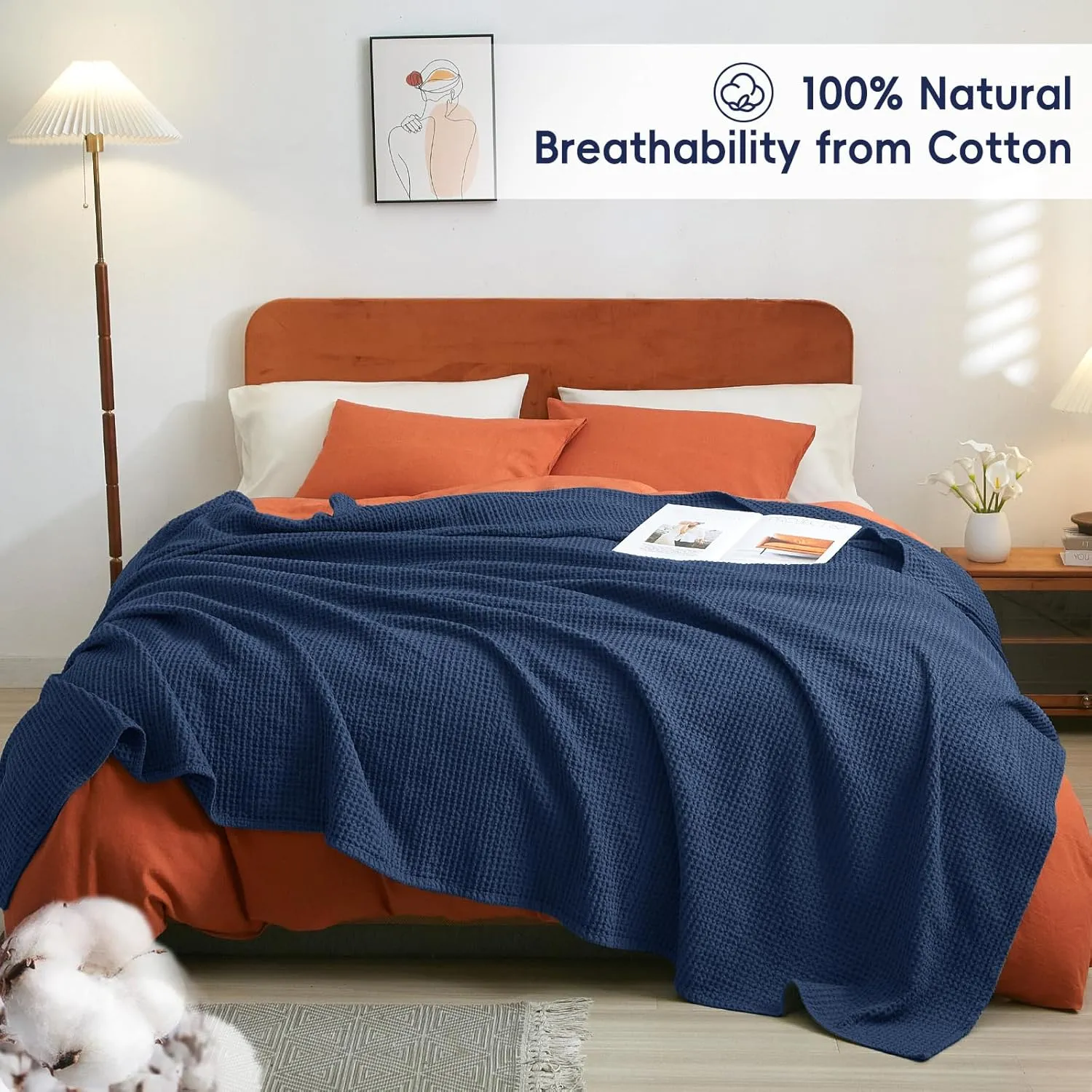 PHF Pre-Washed Cotton Waffle Weave Blanket Queen Size for Bed,Snag Proof Throw for Couch, Summer Lightweight Breathable,Oeko-TEX Certified,Machine Washable, Home Decor Gift-Bright Navy Blue