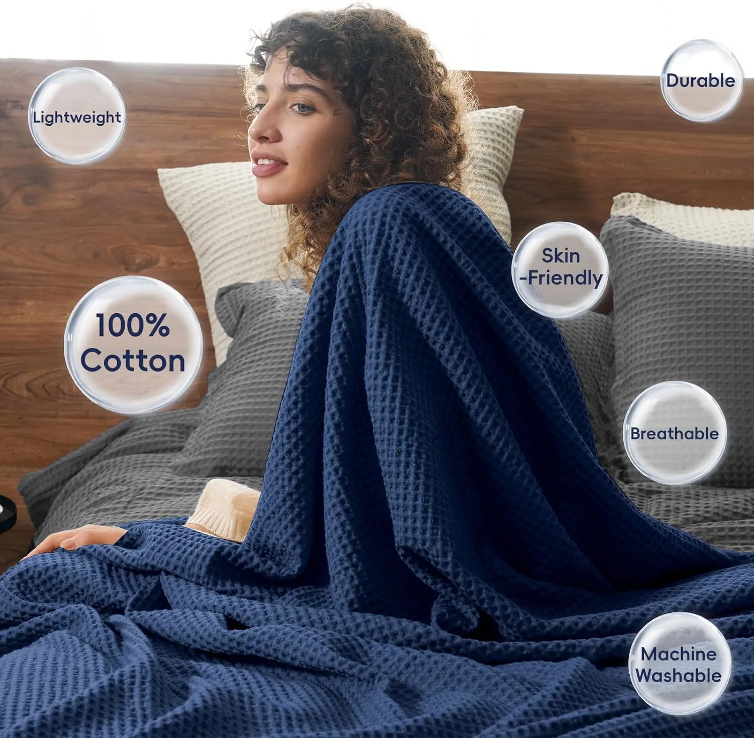 PHF Pre-Washed Cotton Waffle Weave Blanket Queen Size for Bed,Snag Proof Throw for Couch, Summer Lightweight Breathable,Oeko-TEX Certified,Machine Washable, Home Decor Gift-Bright Navy Blue
