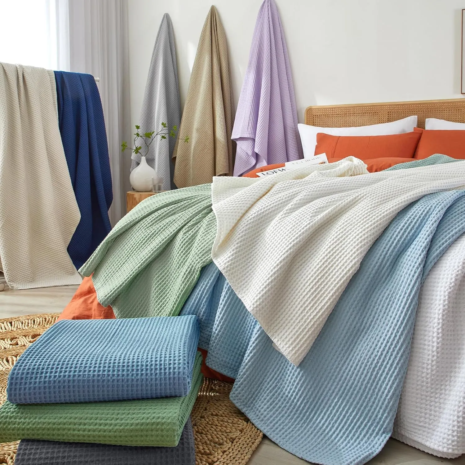 PHF Pre-Washed Cotton Waffle Weave Blanket Queen Size for Bed,Snag Proof Throw for Couch, Summer Lightweight Breathable,Oeko-TEX Certified,Machine Washable, Home Decor Gift-Bright Navy Blue
