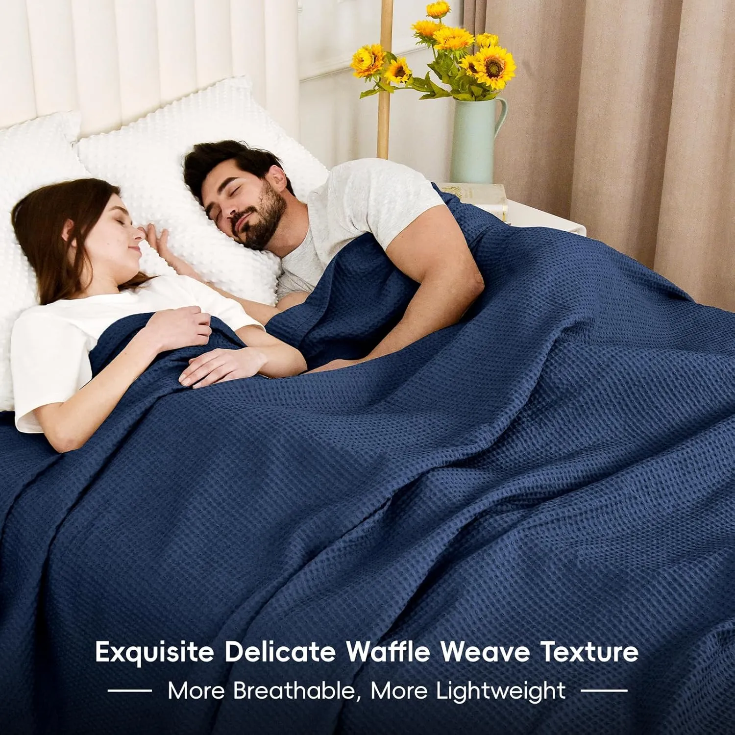 PHF Pre-Washed Cotton Waffle Weave Blanket Queen Size for Bed,Snag Proof Throw for Couch, Summer Lightweight Breathable,Oeko-TEX Certified,Machine Washable, Home Decor Gift-Bright Navy Blue