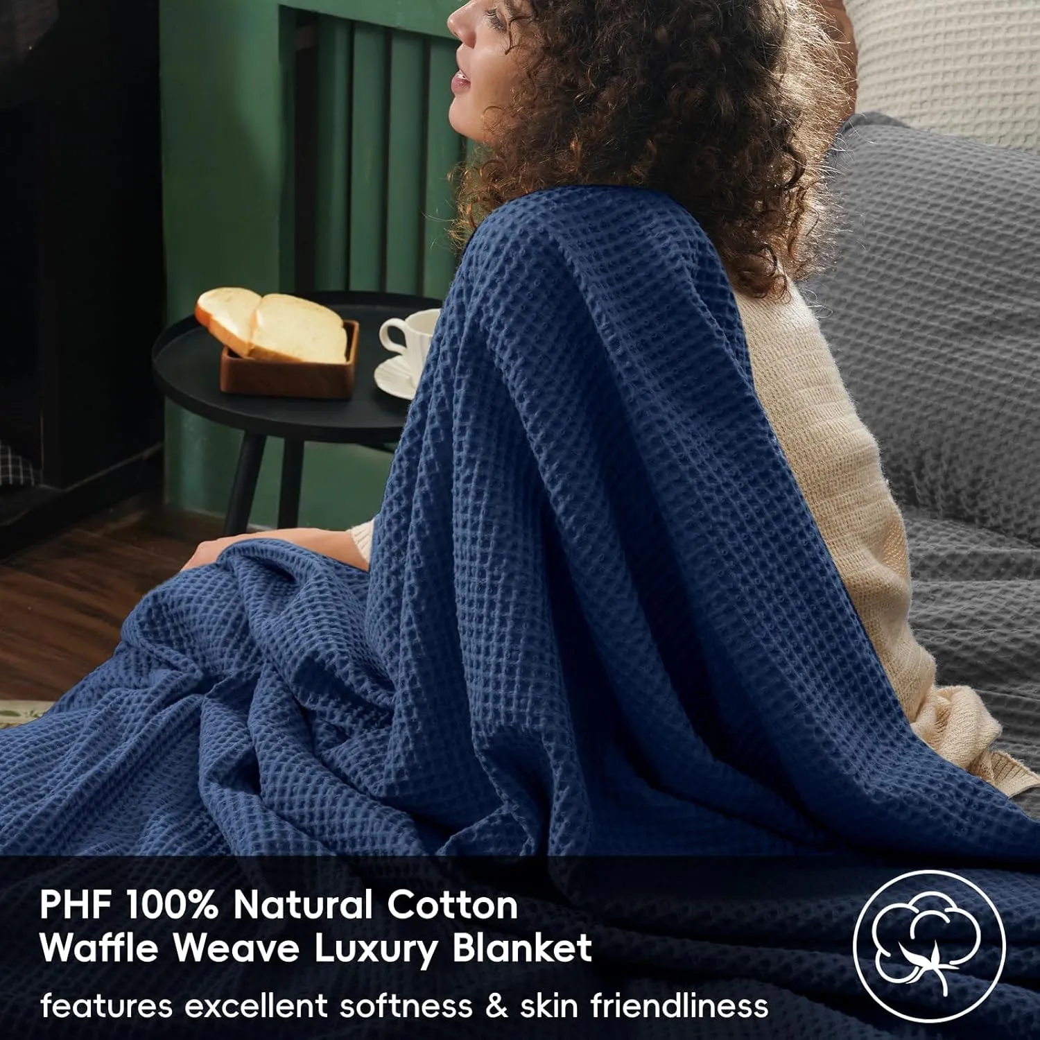 PHF Pre-Washed Cotton Waffle Weave Blanket Queen Size for Bed,Snag Proof Throw for Couch, Summer Lightweight Breathable,Oeko-TEX Certified,Machine Washable, Home Decor Gift-Bright Navy Blue