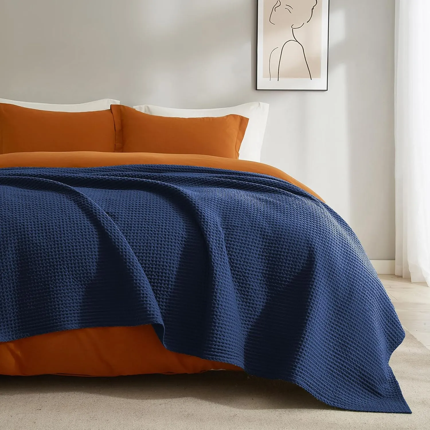 PHF Pre-Washed Cotton Waffle Weave Blanket Queen Size for Bed,Snag Proof Throw for Couch, Summer Lightweight Breathable,Oeko-TEX Certified,Machine Washable, Home Decor Gift-Bright Navy Blue