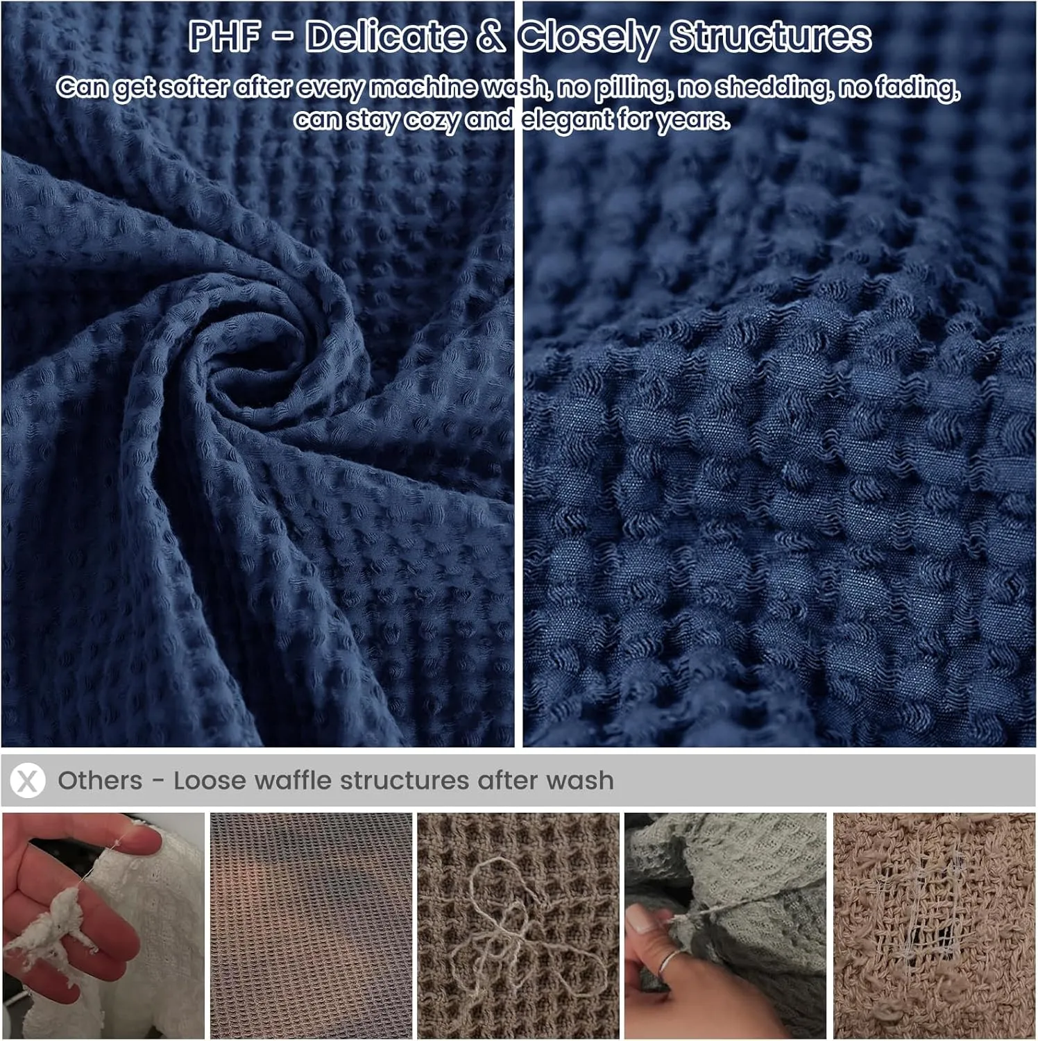 PHF Pre-Washed Cotton Waffle Weave Blanket Queen Size for Bed,Snag Proof Throw for Couch, Summer Lightweight Breathable,Oeko-TEX Certified,Machine Washable, Home Decor Gift-Bright Navy Blue