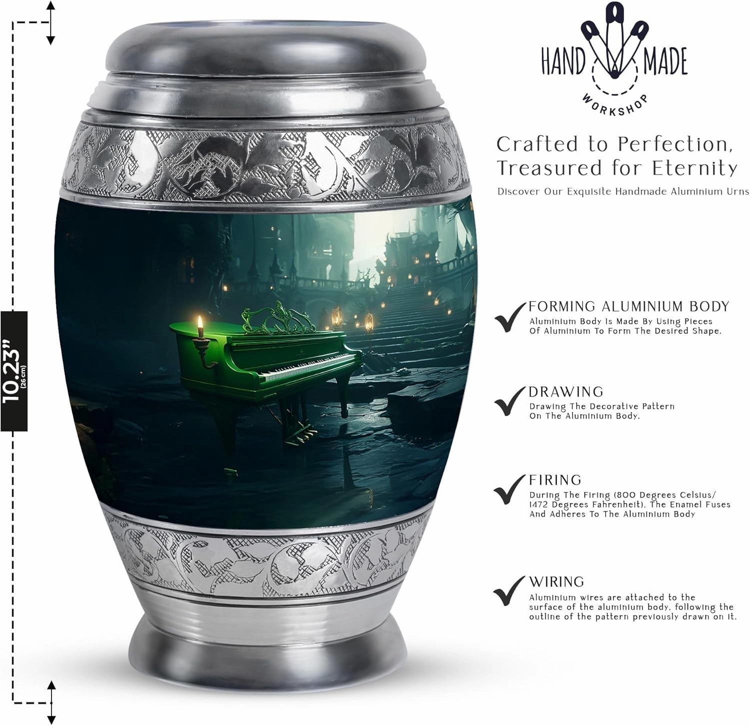 Piano Cremation Urn for Ashes, Large Decorative Urns for Male and Female, Memorial Gifts for Family, Human Remains Urn, Funeral and Burial Urns, 10 Inch