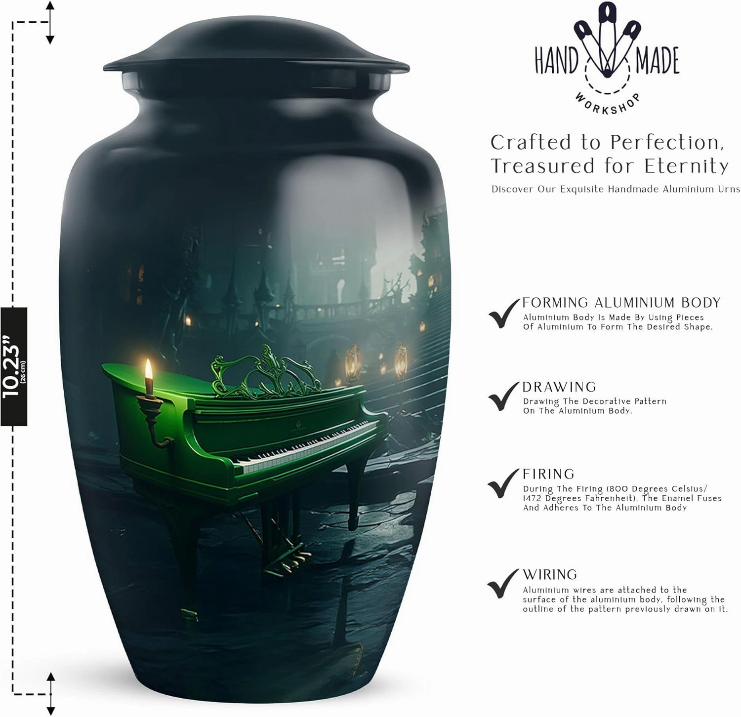 Piano Urns for Ashes, Large Handcrafted Funeral Memorial, Decorative Cremation Urns for Human Ashes with Velvet Bag, 10 Inch Urn for Men & Women