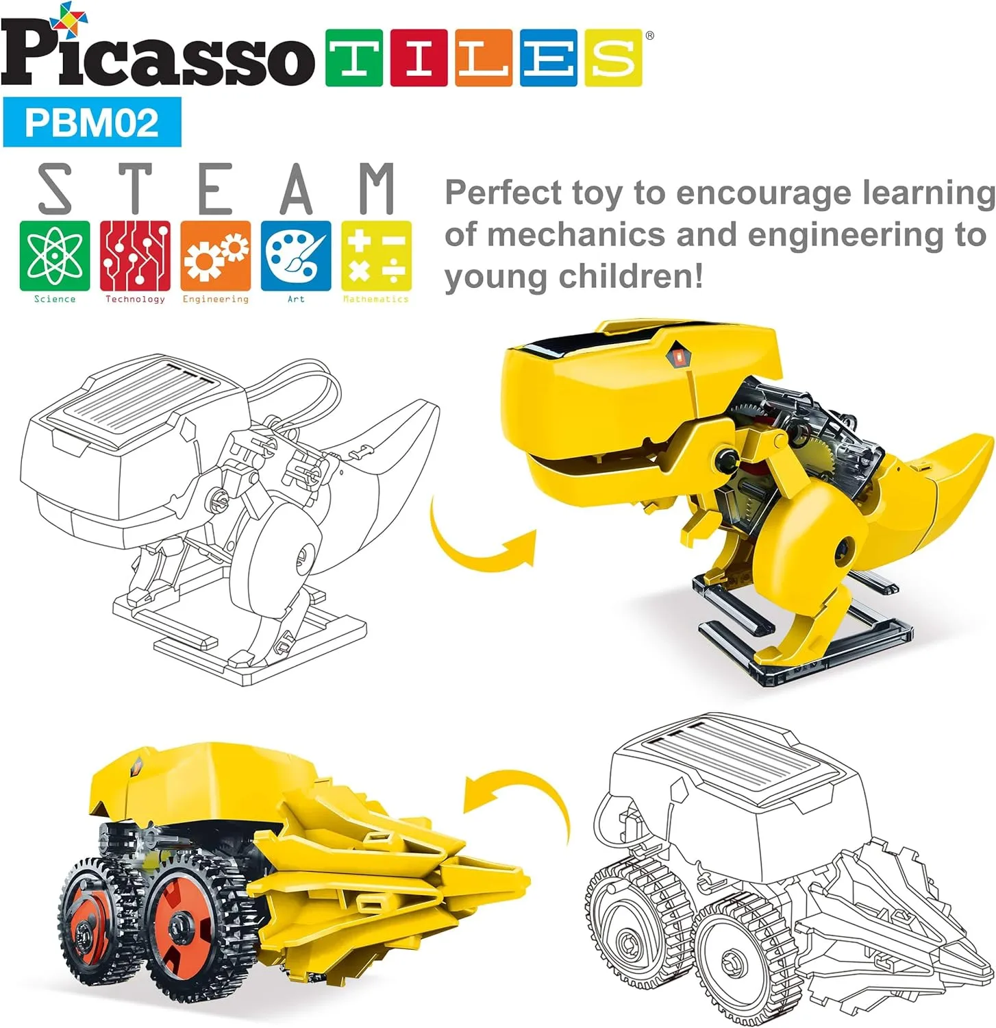 PicassoTiles STEM Kids Solar Powered Dinosaur Robot Educational Learning Engineering Building Toy 3-in-1 Creative Unique Transformation Renewable Sun Energy Science Experiment DIY Kit Boy Girl Age 8 