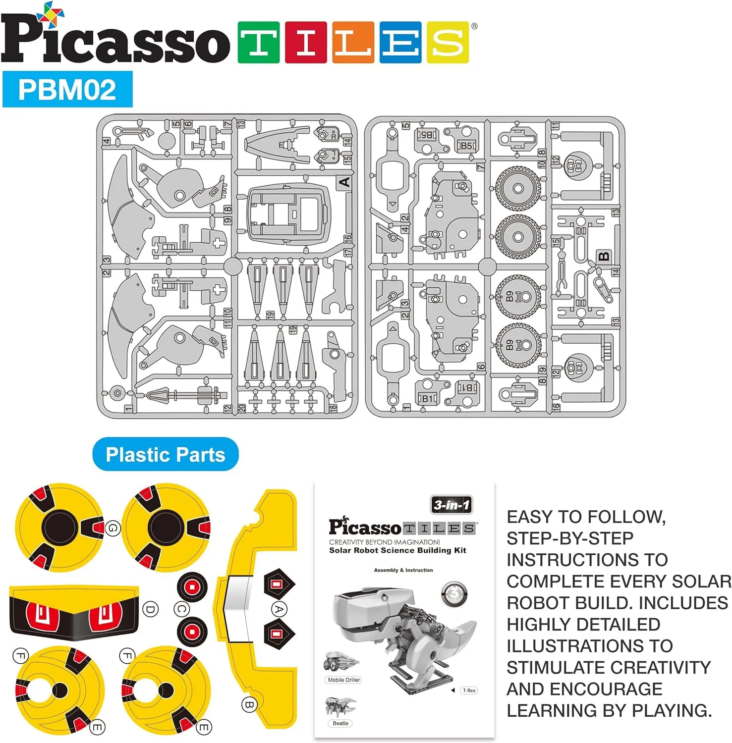 PicassoTiles STEM Kids Solar Powered Dinosaur Robot Educational Learning Engineering Building Toy 3-in-1 Creative Unique Transformation Renewable Sun Energy Science Experiment DIY Kit Boy Girl Age 8 