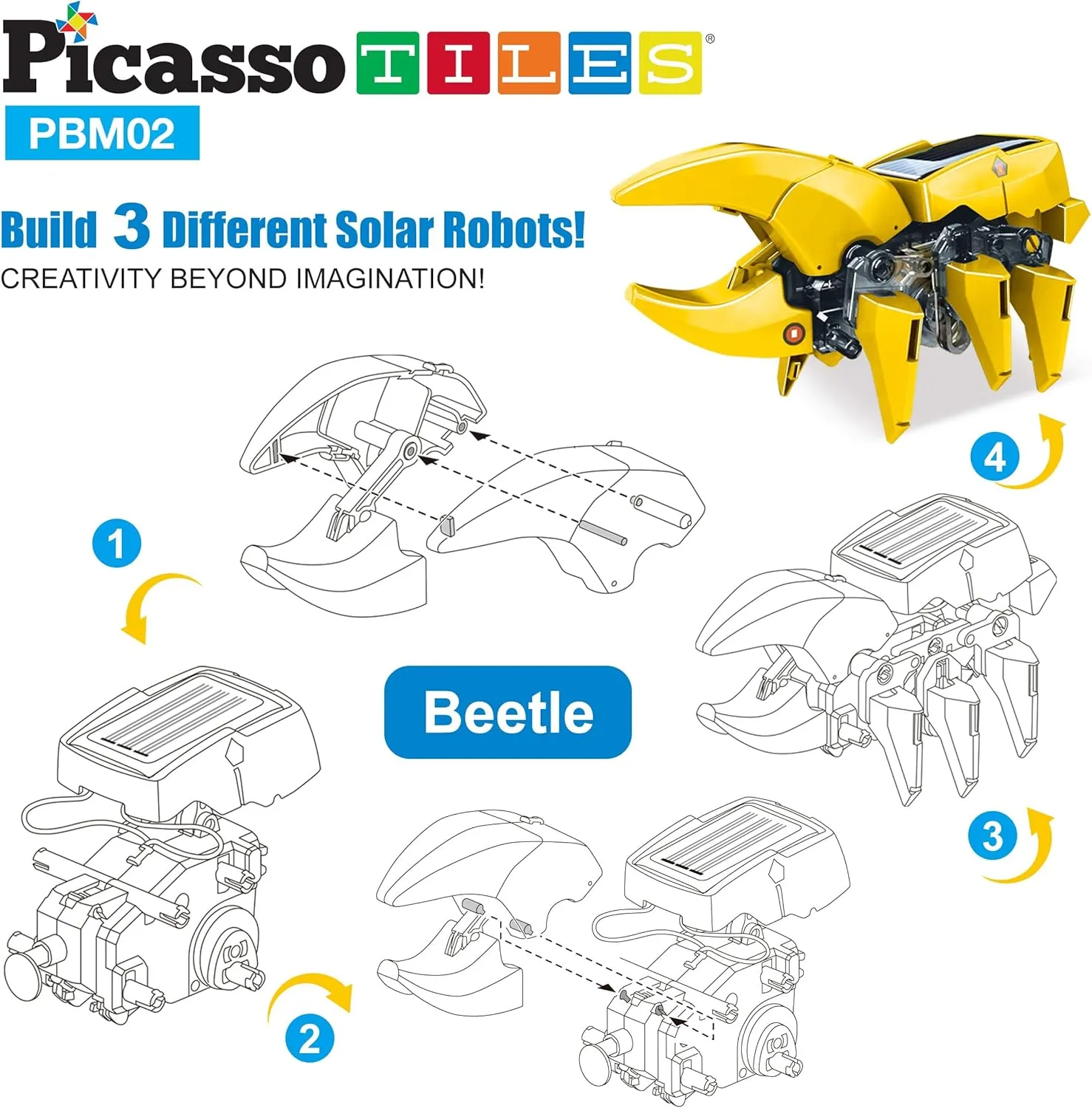 PicassoTiles STEM Kids Solar Powered Dinosaur Robot Educational Learning Engineering Building Toy 3-in-1 Creative Unique Transformation Renewable Sun Energy Science Experiment DIY Kit Boy Girl Age 8 
