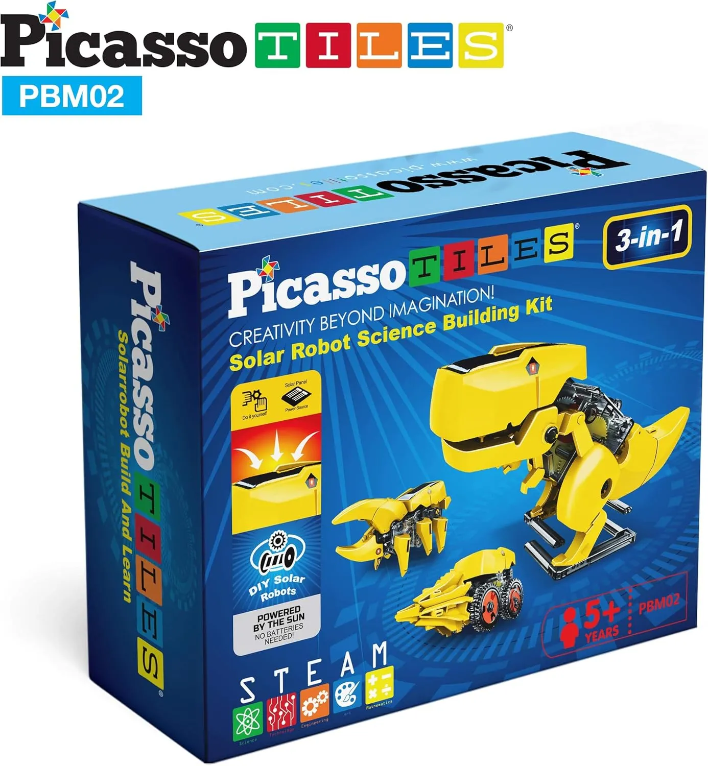 PicassoTiles STEM Kids Solar Powered Dinosaur Robot Educational Learning Engineering Building Toy 3-in-1 Creative Unique Transformation Renewable Sun Energy Science Experiment DIY Kit Boy Girl Age 8 