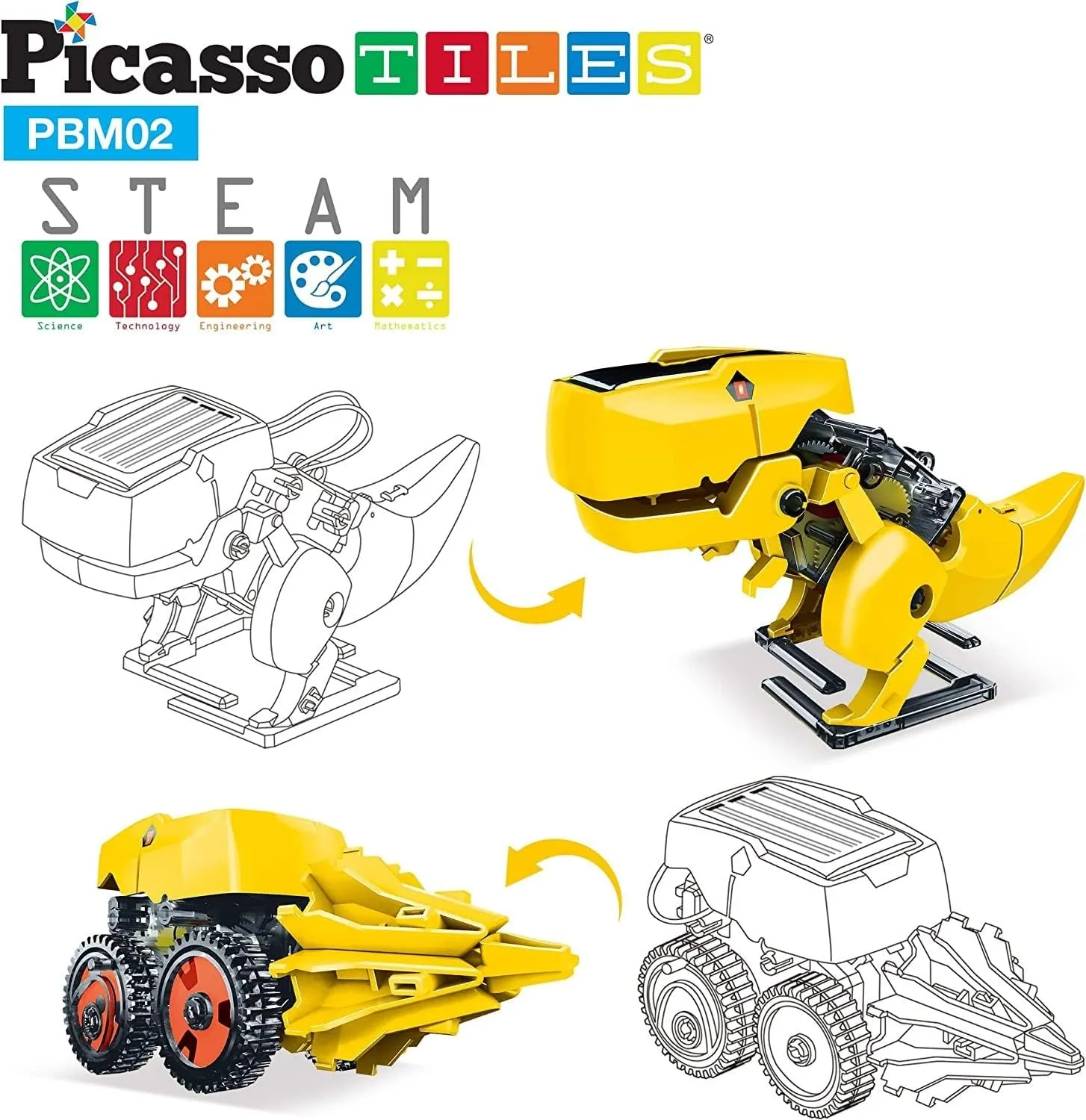 PicassoTiles STEM Kids Solar Powered Dinosaur Robot Educational Learning Engineering Building Toy 3-in-1 Creative Unique Transformation Renewable Sun Energy Science Experiment DIY Kit Boy Girl Age 8 