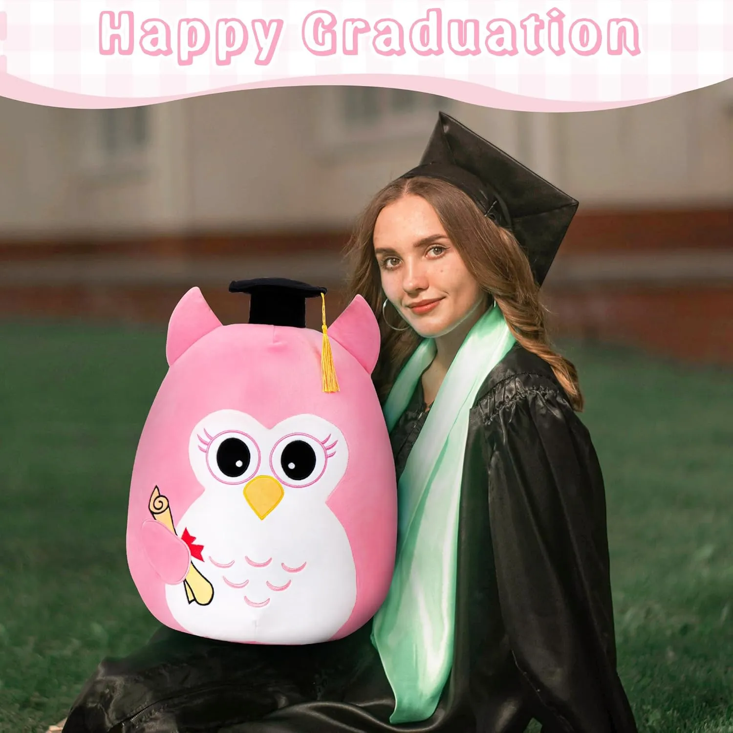 Pink Owl Graduation Plush Stuffed Animals 18in, Graduation Gifts, Cute Owl Plush with Graduation Cap for Kindergarten, Elementary, High School Class of 2025