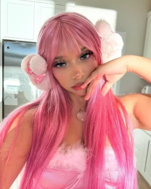 Pink Wig with Bangs for Women Long Light Pink Straight Wig for Grils Heat Resistant Synthetic Colored Wig for Cosplay for Party Halloween Daily Use