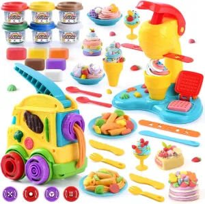 PLAY 2 in 1 Color Dough Kitchen Creations Set, Ice Cream Noodle Maker Color Dough Sets for Kids Ages 4-8, Play Kitchen Food Toys for Boys Girls Kids Toddlers Ages 3 , with 18 oz Multicolor Clay