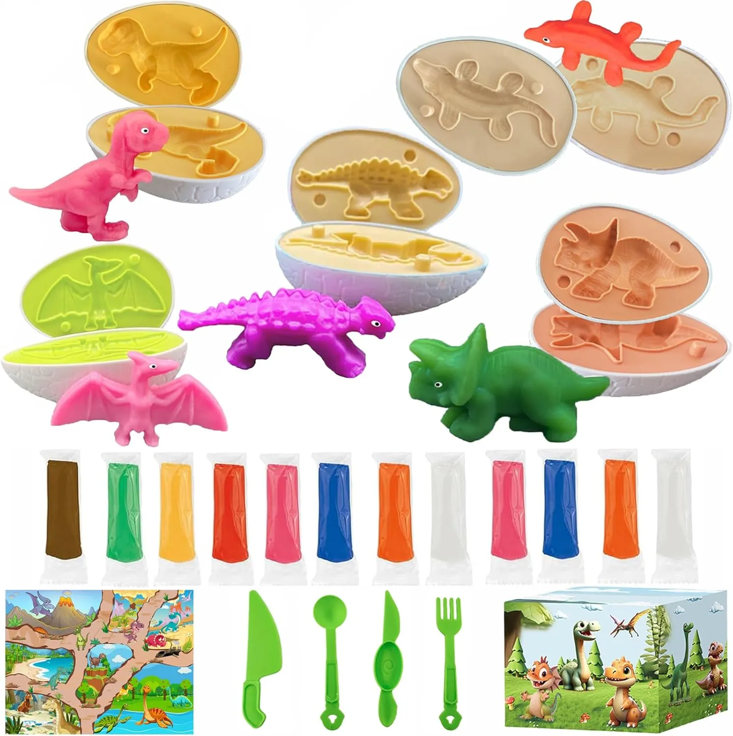Playdough Dinosaur Eggs Sets, Easter Basket Stuffers for Toddler, Playdough Sets for Kids Ages 4-8, Easter Dino playdoh Dinosaur Play Dough Eggs Molds Toys Gifts
