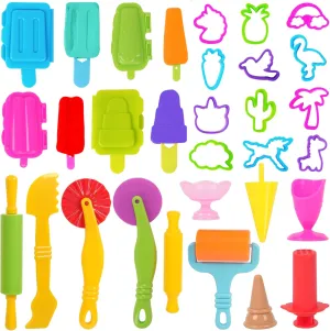 Playdough Tool Set, 31 PCS Playdough Ice Cream Set for Kids, Playdough Accessories Includes Assorted Animal Cutters, Summer Themed Molds, Popsicle Molds and Dough Extruder, Random Color