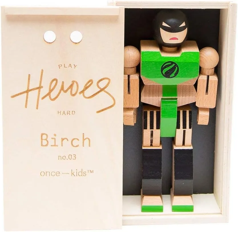 Playhard Hero Action Figures – Birch Wood Baby Toys for Imaginative Play – Sturdy & Durable Hero Toy for Kids with Solid Wood Storage Box