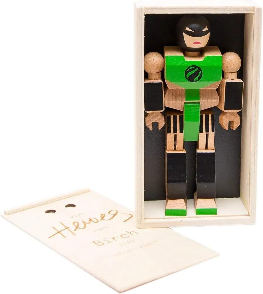 Playhard Hero Action Figures – Birch Wood Baby Toys for Imaginative Play – Sturdy & Durable Hero Toy for Kids with Solid Wood Storage Box