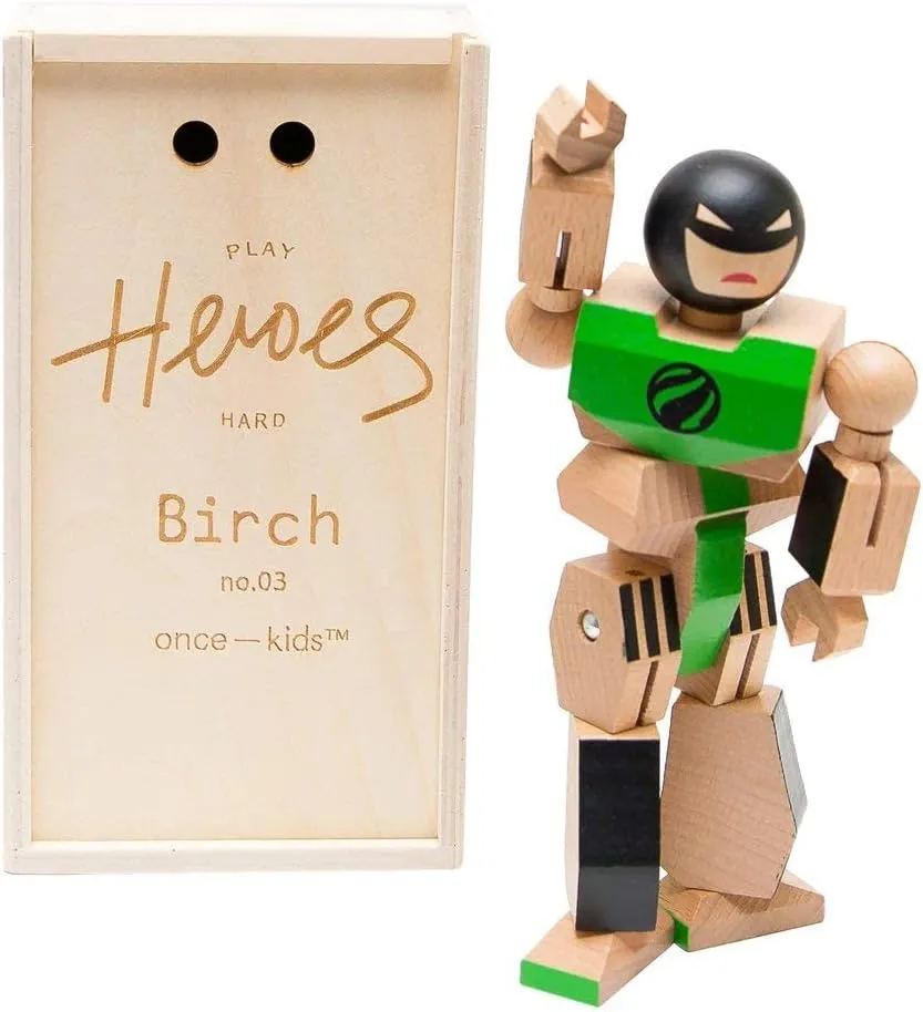 Playhard Hero Action Figures – Birch Wood Baby Toys for Imaginative Play – Sturdy & Durable Hero Toy for Kids with Solid Wood Storage Box