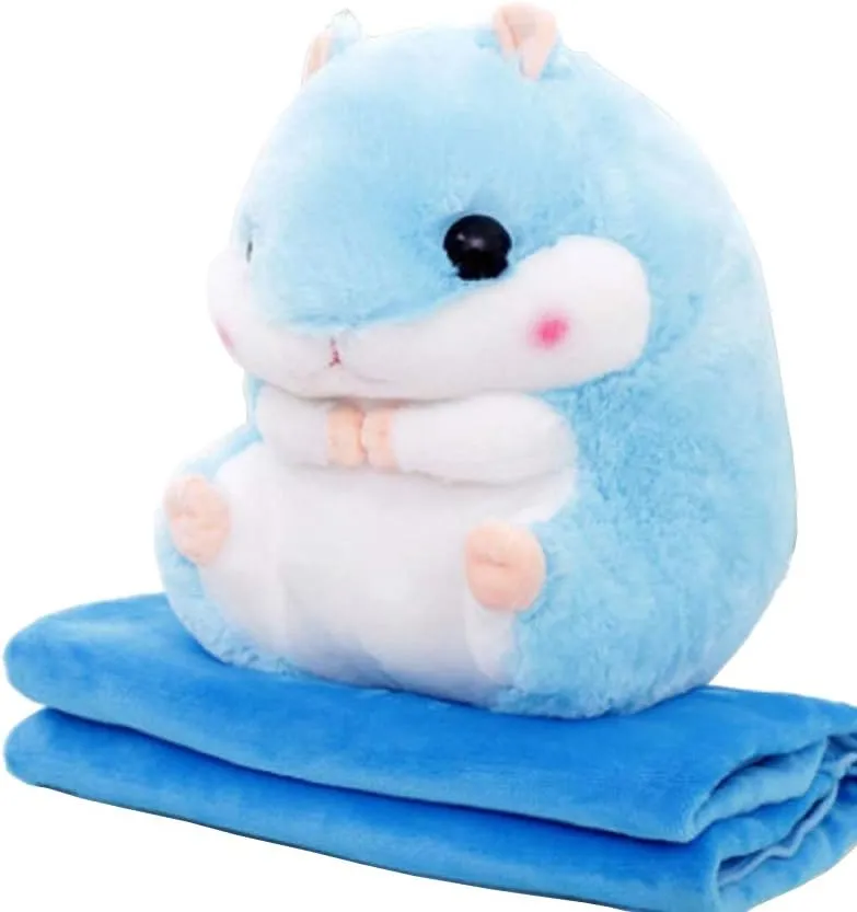 Plush Hamster Stuffed Animal Toys Hamster Throw Pillow with Blanket 19.7 Inches Blue
