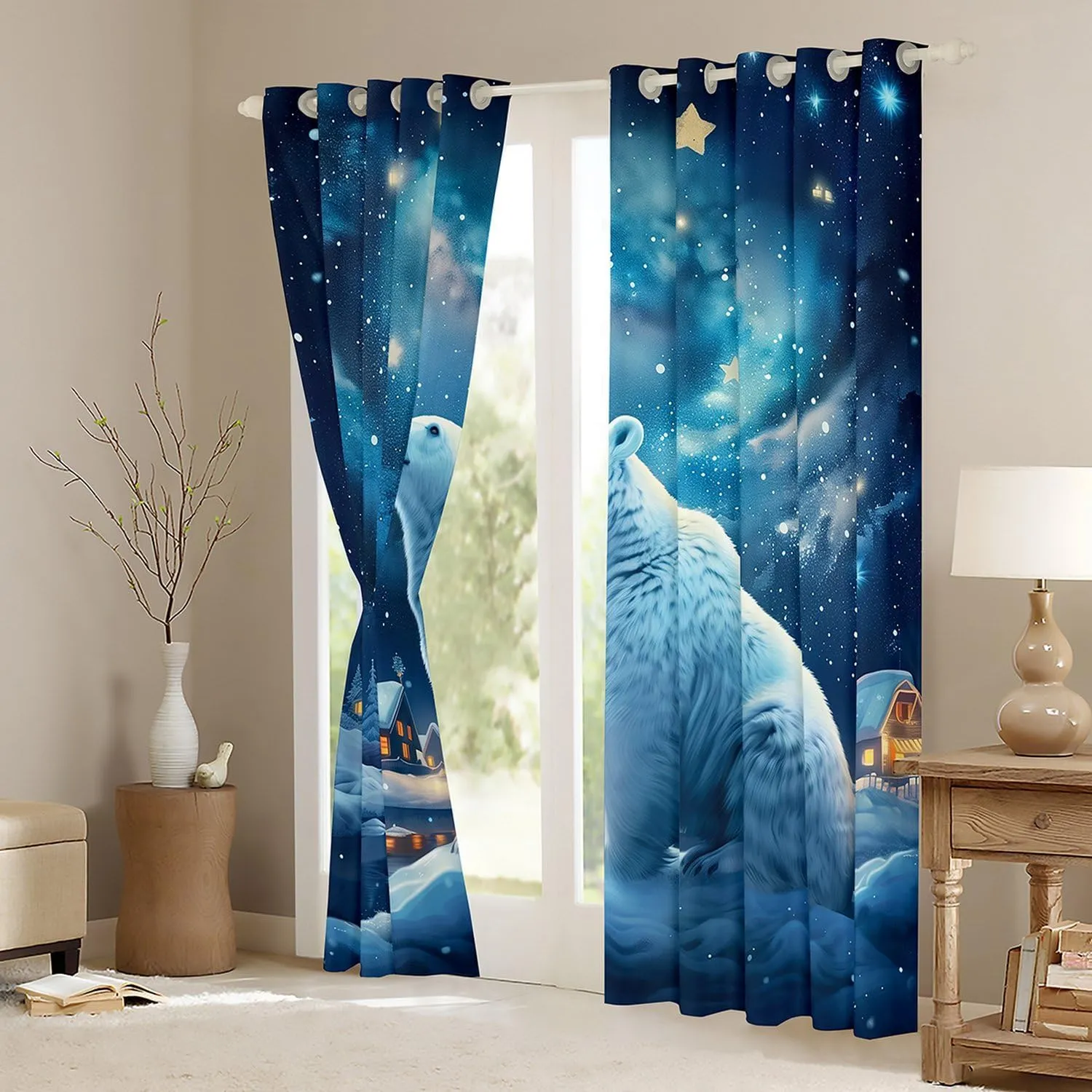 Polar Bear Window Curtain,Winter Snow Scenery Curtains,Dreamy Starry Sky Night Window Treatment Curtain for Kids Boys Girls Teens Room Decor,Rustic Cabin House Window Drapes,2 Panels,42Wx90L
