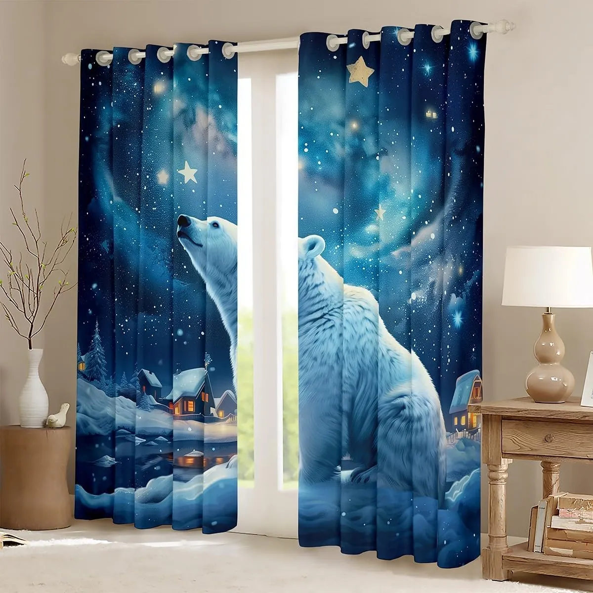 Polar Bear Window Curtain,Winter Snow Scenery Curtains,Dreamy Starry Sky Night Window Treatment Curtain for Kids Boys Girls Teens Room Decor,Rustic Cabin House Window Drapes,2 Panels,42Wx90L