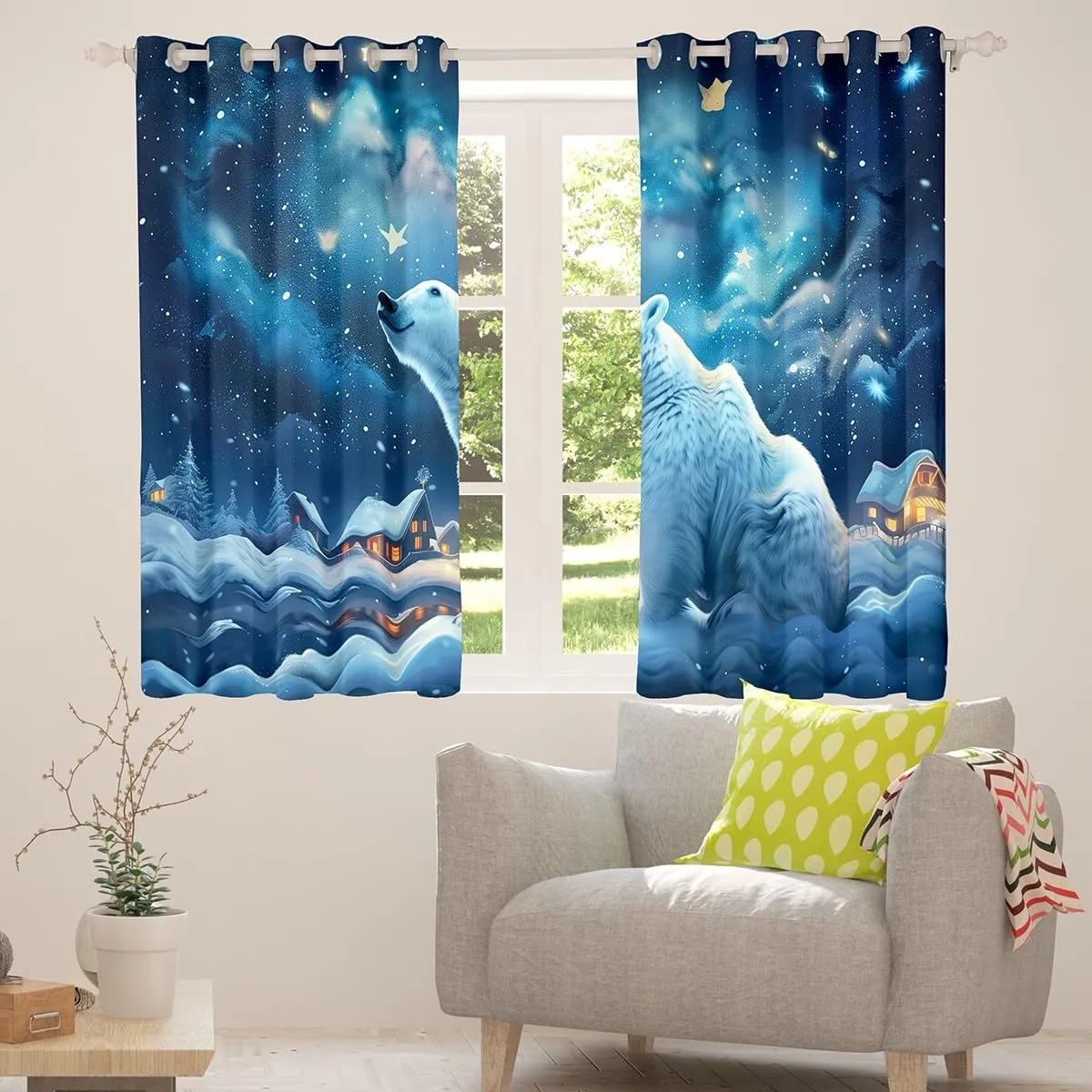 Polar Bear Window Curtain,Winter Snow Scenery Curtains,Dreamy Starry Sky Night Window Treatment Curtain for Kids Boys Girls Teens Room Decor,Rustic Cabin House Window Drapes,2 Panels,42Wx90L