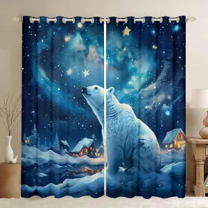 Polar Bear Window Curtain,Winter Snow Scenery Curtains,Dreamy Starry Sky Night Window Treatment Curtain for Kids Boys Girls Teens Room Decor,Rustic Cabin House Window Drapes,2 Panels,42Wx90L