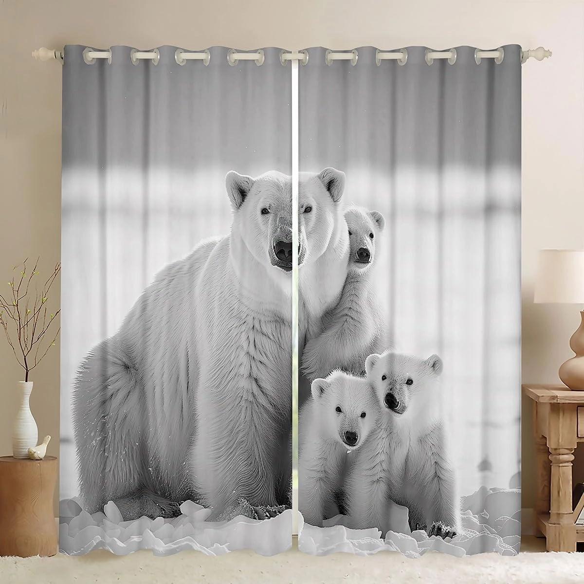 Polar Bear Family Window Curtains Teens Adult Women,White and Gray Curtains for Bedroom,Polar Bear Draperies for Living Room,Arctic Scenery Window Treatment Curtains Set of 2 Panels,42Wx84L