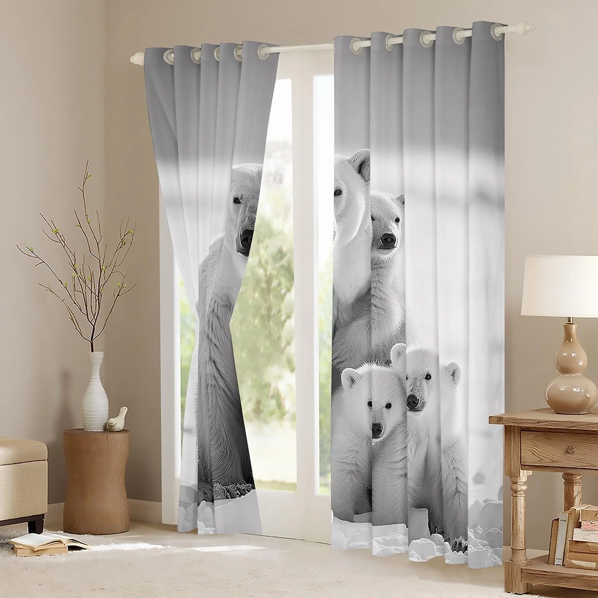 Polar Bear Family Window Curtains Teens Adult Women,White and Gray Curtains for Bedroom,Polar Bear Draperies for Living Room,Arctic Scenery Window Treatment Curtains Set of 2 Panels,42Wx84L