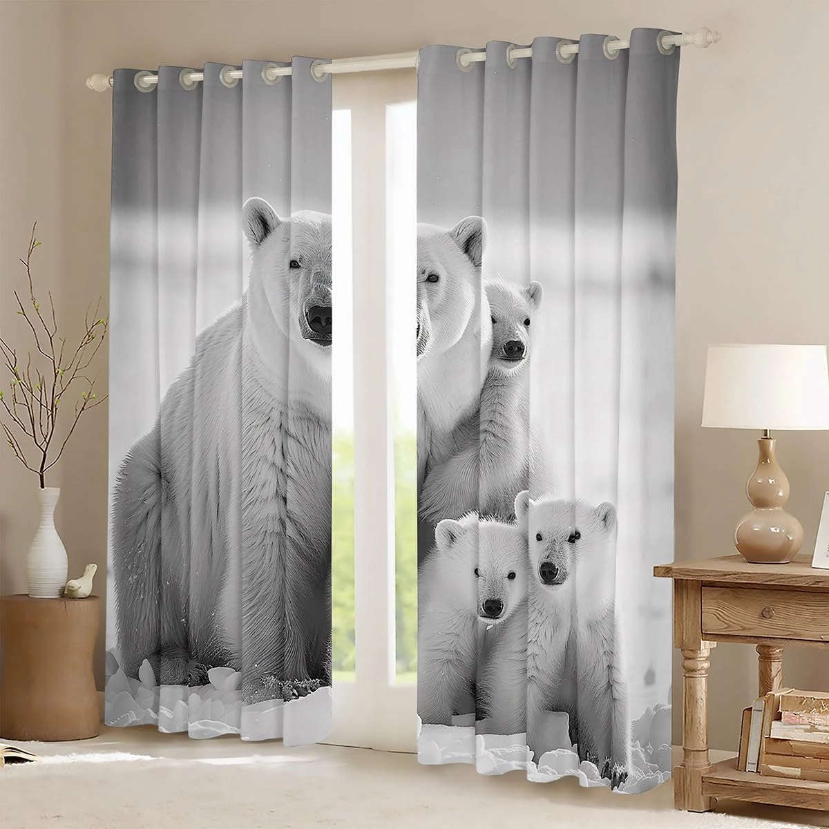 Polar Bear Family Window Curtains Teens Adult Women,White and Gray Curtains for Bedroom,Polar Bear Draperies for Living Room,Arctic Scenery Window Treatment Curtains Set of 2 Panels,42Wx84L