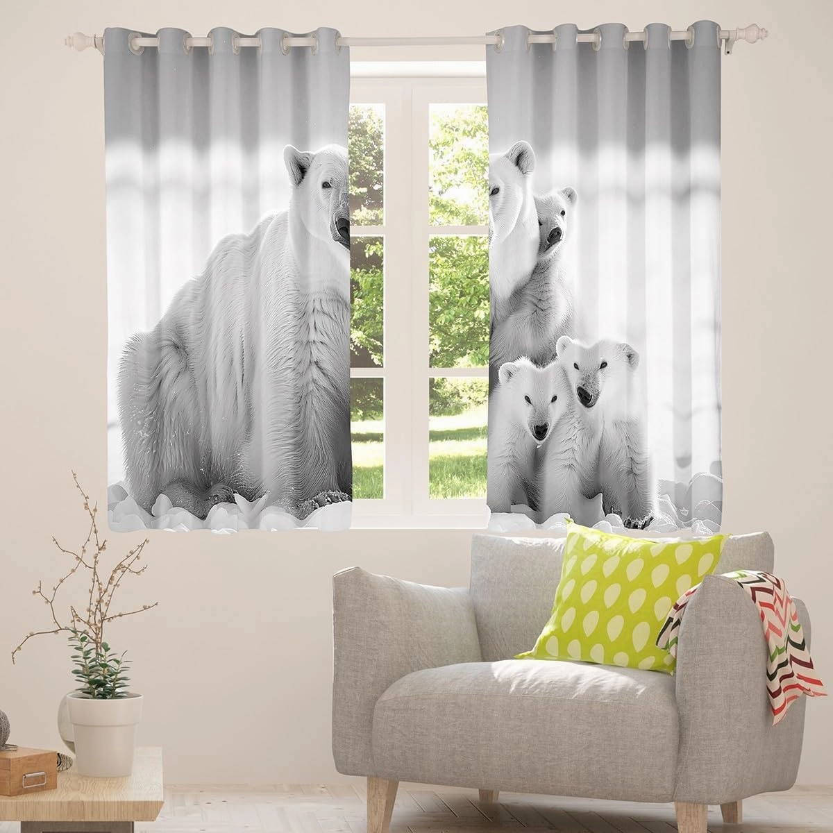 Polar Bear Family Window Curtains Teens Adult Women,White and Gray Curtains for Bedroom,Polar Bear Draperies for Living Room,Arctic Scenery Window Treatment Curtains Set of 2 Panels,42Wx84L