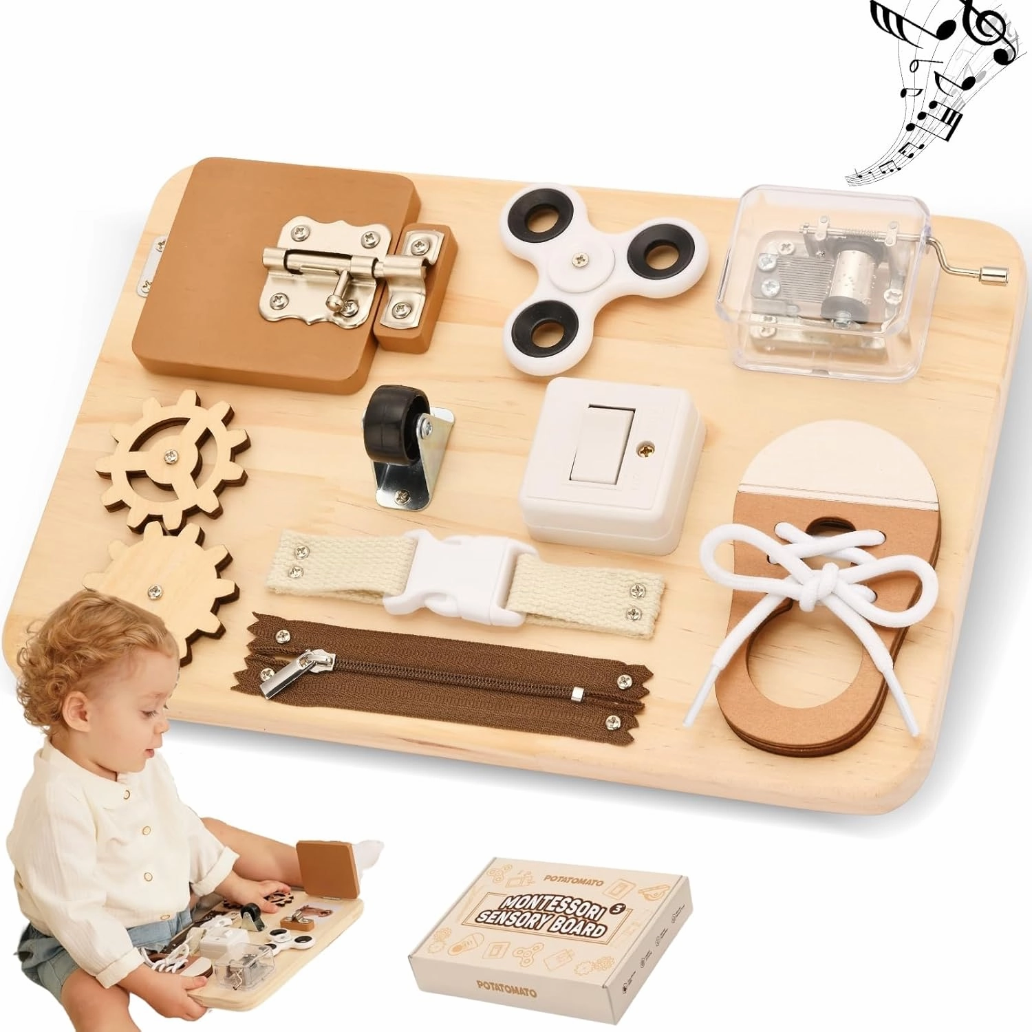 Potatomato Busy Board Toddlers - Montessori Educational Fidget Toys for Baby 1 2 3 4 Years Old - Wooden Sensory Toys Autistic Children - Preschool Learning Activities Fine Motor Skills – Travel Toy