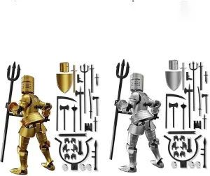 (Pre-Assembled) Dummy 13 Robot Magnetic Action Figure in Armor, T13 Fifth Generation Medieval Knight with Weapons and Shields, Full Body Activity Robot with Figure Stand (Gold Silver(Boxed))