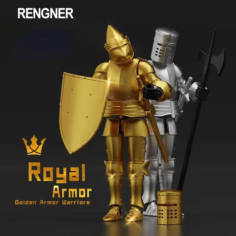 (Pre-Assembled) Dummy 13 Robot Magnetic Action Figure in Armor, T13 Fifth Generation Medieval Knight with Weapons and Shields, Full Body Activity Robot with Figure Stand (Gold Silver(Boxed))