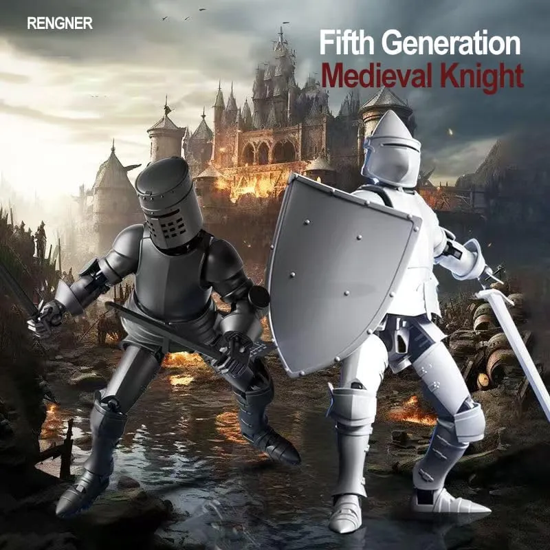 (Pre-Assembled) Dummy 13 Robot Magnetic Action Figure in Armor, T13 Fifth Generation Medieval Knight with Weapons and Shields, Full Body Activity Robot with Figure Stand (Gold Silver(Boxed))