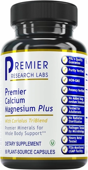 Premier Research Labs Calcium Magnesium Plus - Calcium Magnesium Supplement, Calcium Supplement for Bone Health, with Mushroom Complex - Reishi & Lions Mane - 90 Vegetarian Capsules