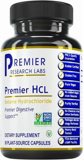 Premier Research Labs Premier HCL - Betaine HCL, Betaine Hydrochloride Supplement for Optimal Digestive Function, Nutrient Absorption, Betaine-HCL for Low Stomach Acid- 90 Vegetarian Capsules