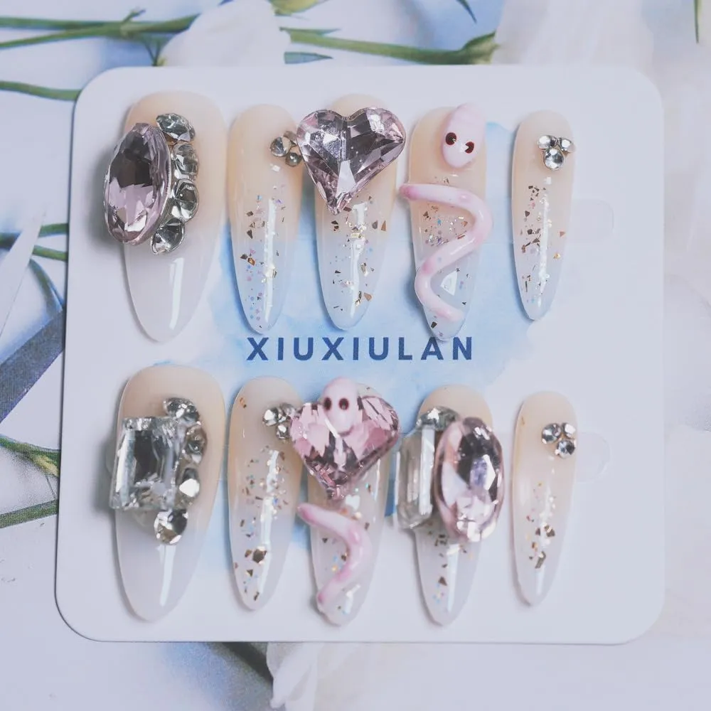 Press on Nails Almond, Snake False Nails Yellow Shimmery Sheer Cute Handmade Nail 3D Glossy Nails Soft Gel 10 Pcs (Yellow L, L)