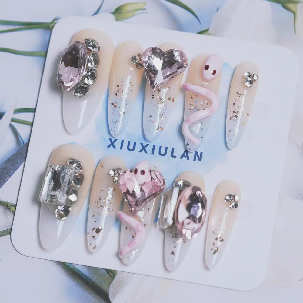 Press on Nails Almond, Snake False Nails Yellow Shimmery Sheer Cute Handmade Nail 3D Glossy Nails Soft Gel 10 Pcs (Yellow L, L)
