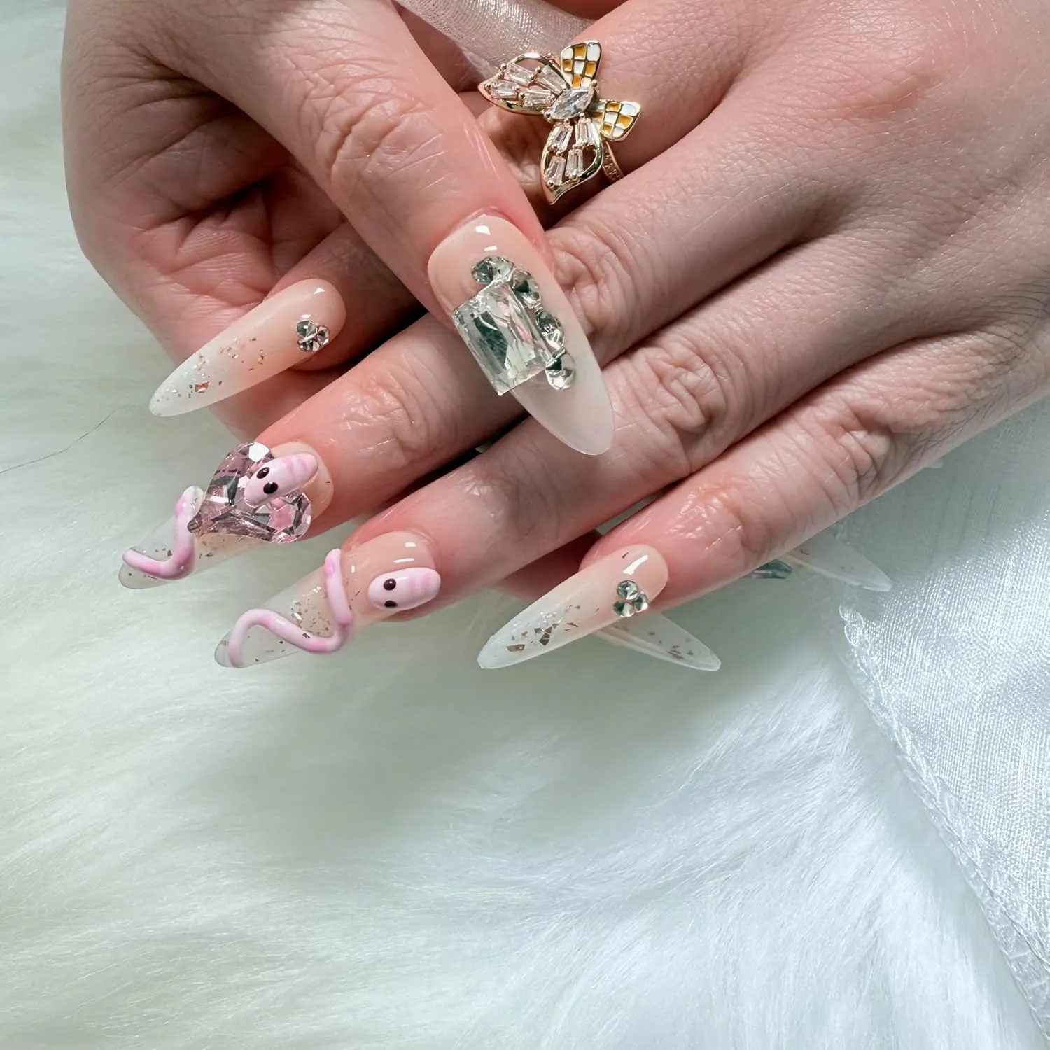 Press on Nails Almond, Snake False Nails Yellow Shimmery Sheer Cute Handmade Nail 3D Glossy Nails Soft Gel 10 Pcs (Yellow L, L)