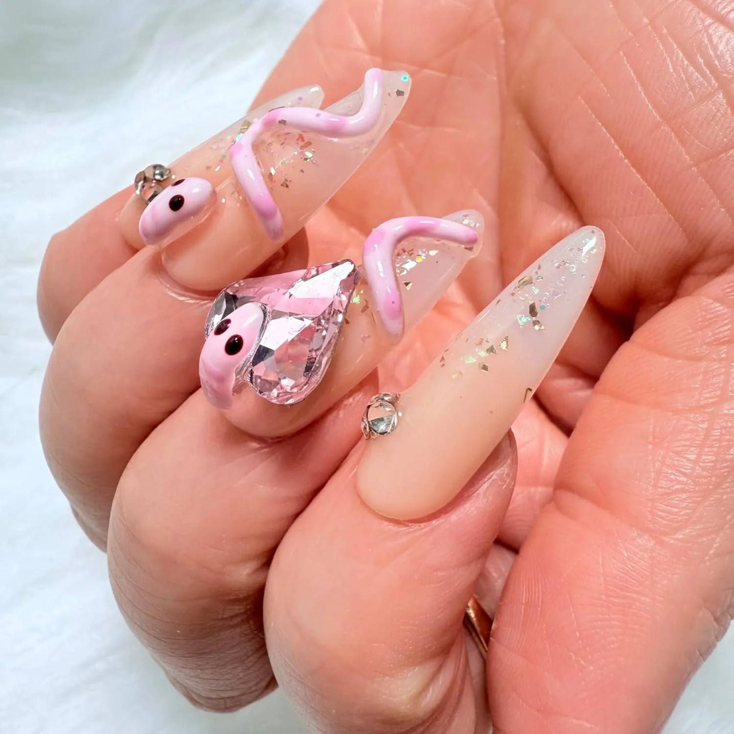 Press on Nails Almond, Snake False Nails Yellow Shimmery Sheer Cute Handmade Nail 3D Glossy Nails Soft Gel 10 Pcs (Yellow L, L)
