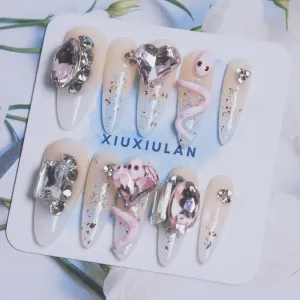 Press on Nails Almond, Snake False Nails Yellow Shimmery Sheer Cute Handmade Nail 3D Glossy Nails Soft Gel 10 Pcs (Yellow L, L)