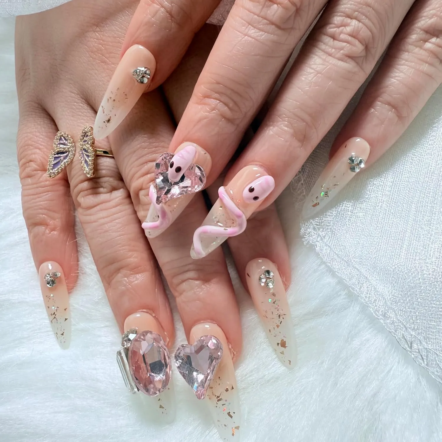Press on Nails Almond, Snake False Nails Yellow Shimmery Sheer Cute Handmade Nail 3D Glossy Nails Soft Gel 10 Pcs (Yellow L, L)