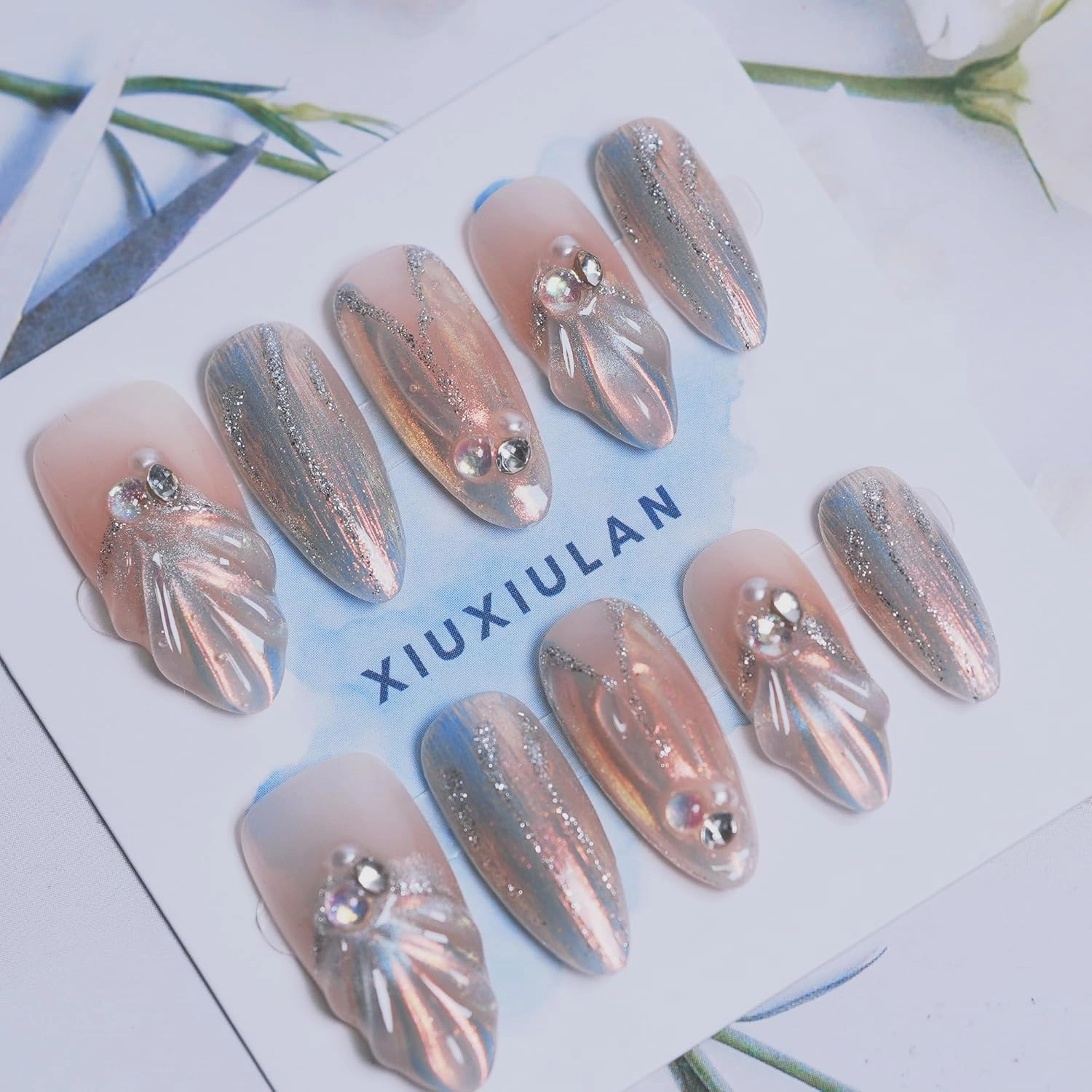 Press on Nails Almond, Mermaid's Dream Design Medium Handmade Nails, 3D Pink Sliver False Nail Shimmery False nails Glossy Soft Gel 10 Pcs (PinkM, M)