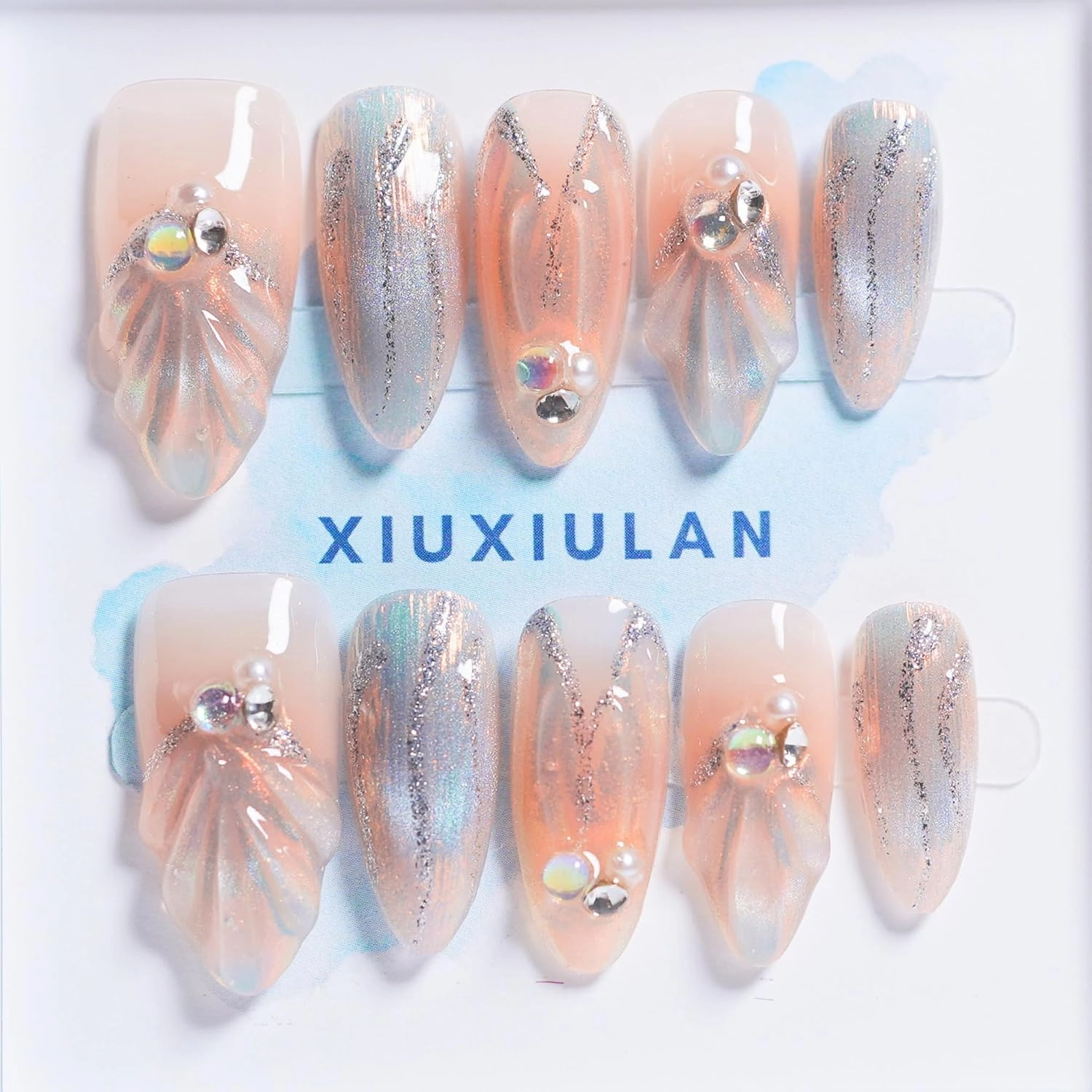 Press on Nails Almond, Mermaid's Dream Design Medium Handmade Nails, 3D Pink Sliver False Nail Shimmery False nails Glossy Soft Gel 10 Pcs (PinkM, M)