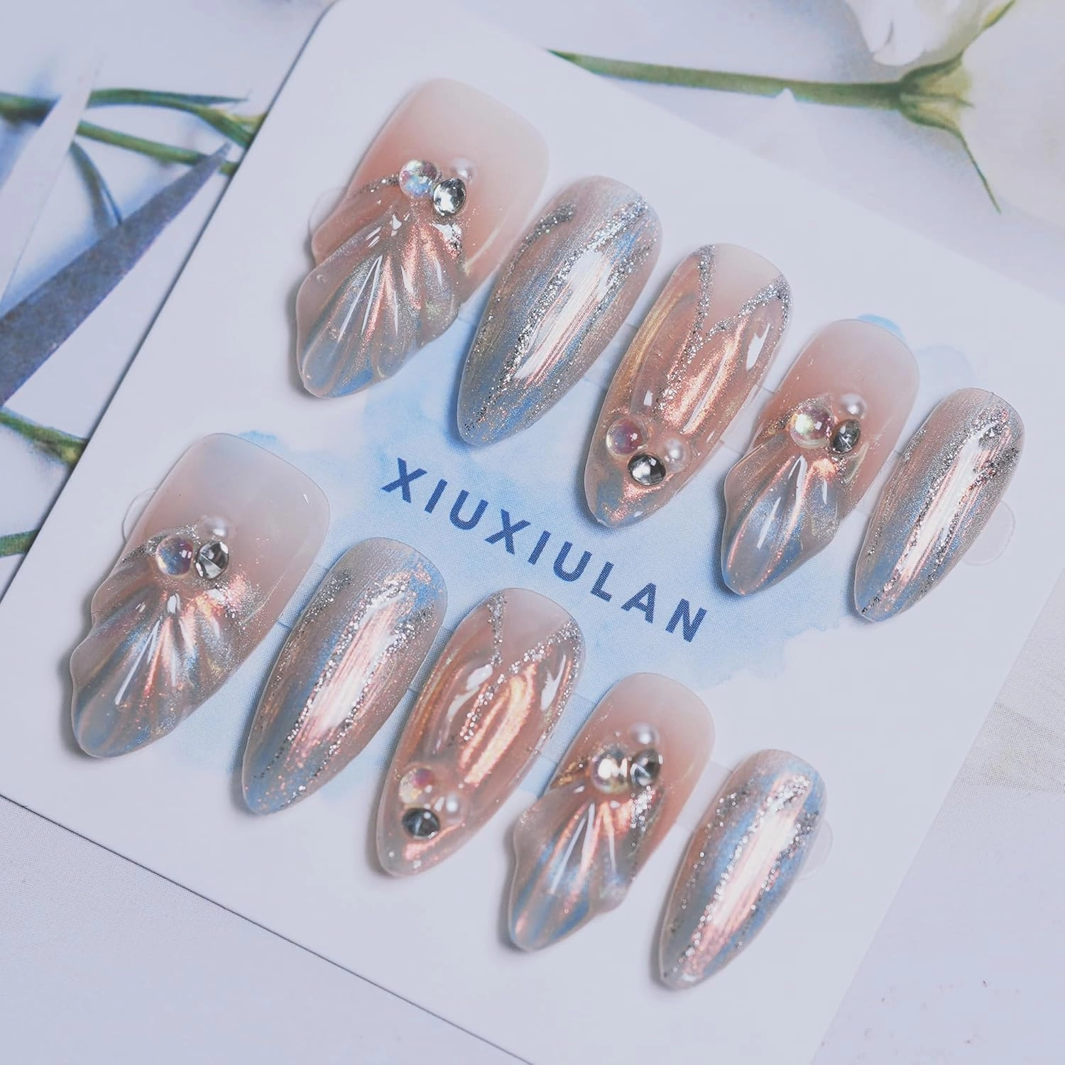 Press on Nails Almond, Mermaid's Dream Design Medium Handmade Nails, 3D Pink Sliver False Nail Shimmery False nails Glossy Soft Gel 10 Pcs (PinkM, M)