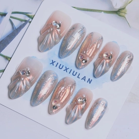 Press on Nails Almond, Mermaid's Dream Design Medium Handmade Nails, 3D Pink Sliver False Nail Shimmery False nails Glossy Soft Gel 10 Pcs (PinkM, M)