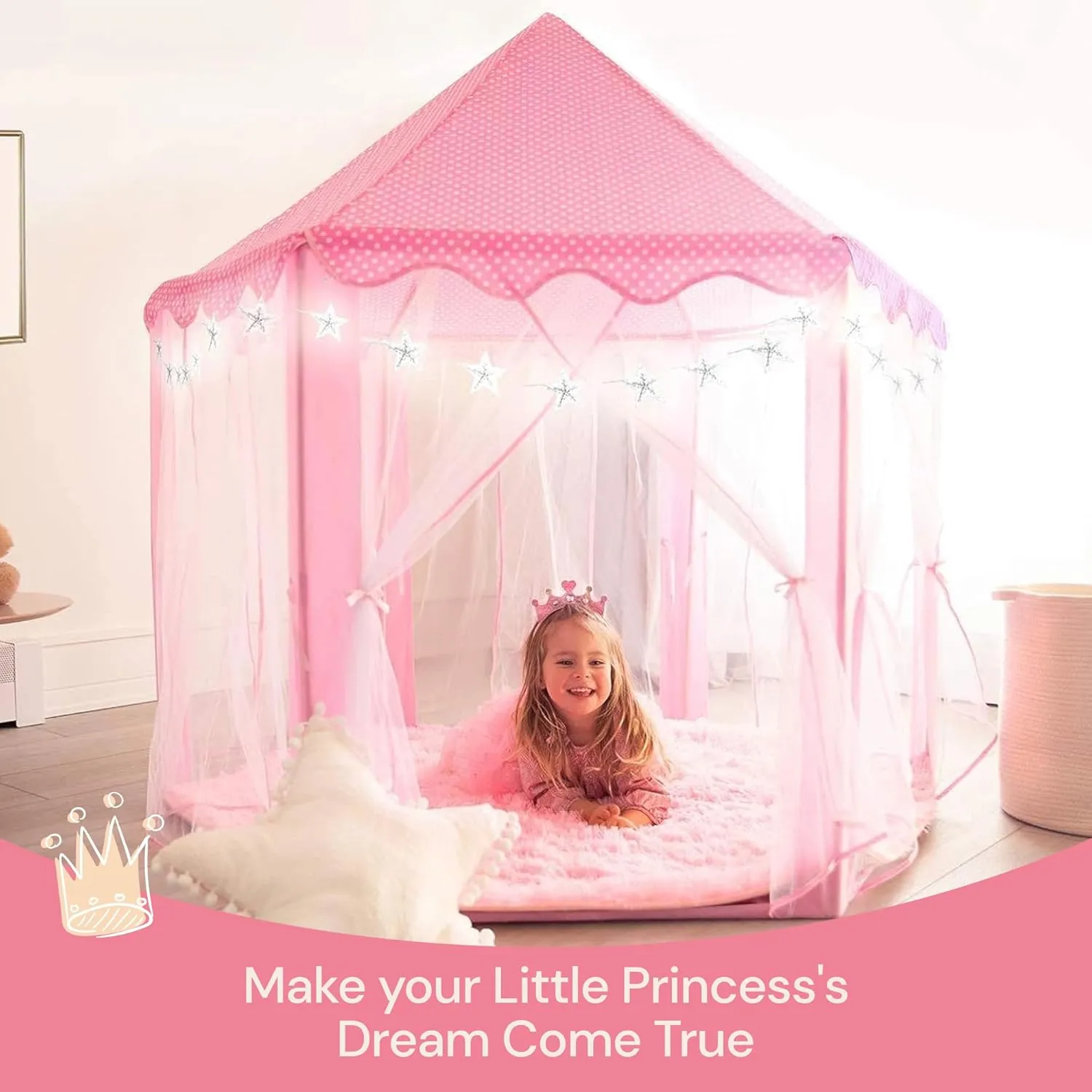 Princess Tent for Kids - 55" X 53" with Led Star Lights - Princess Toys - Toddler Play Tent Without Rug - Playhouse, Castle