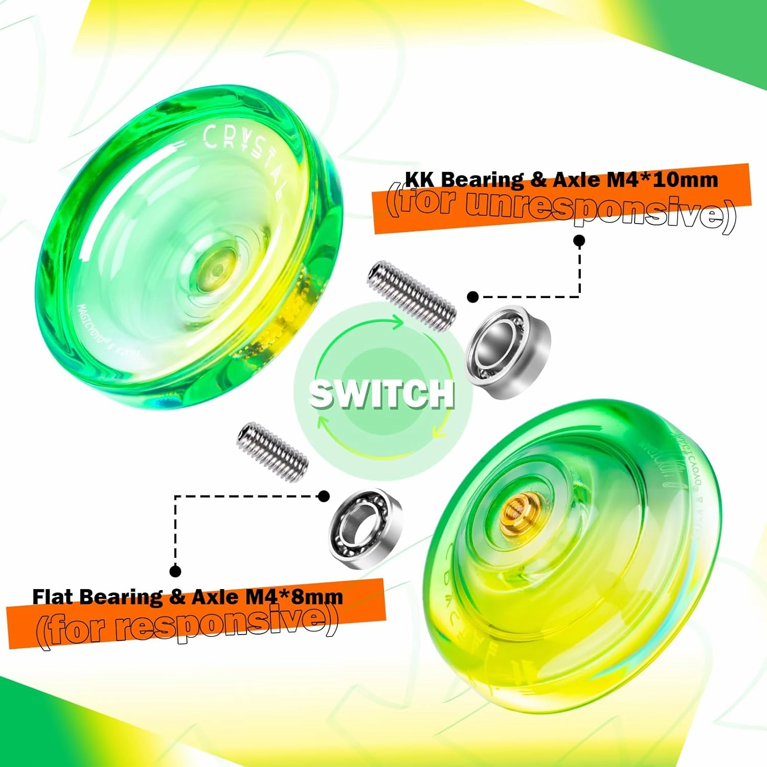 Professional Responsive Yoyo for Kids, K2 Crystal Dual Purpose Yo yo Replacement Unresponsive Yo-Yo Bearing for Intermediate, Plastic YoYo with 12 Yoyo Strings, Storage Bag (Green Yellow Gradient)