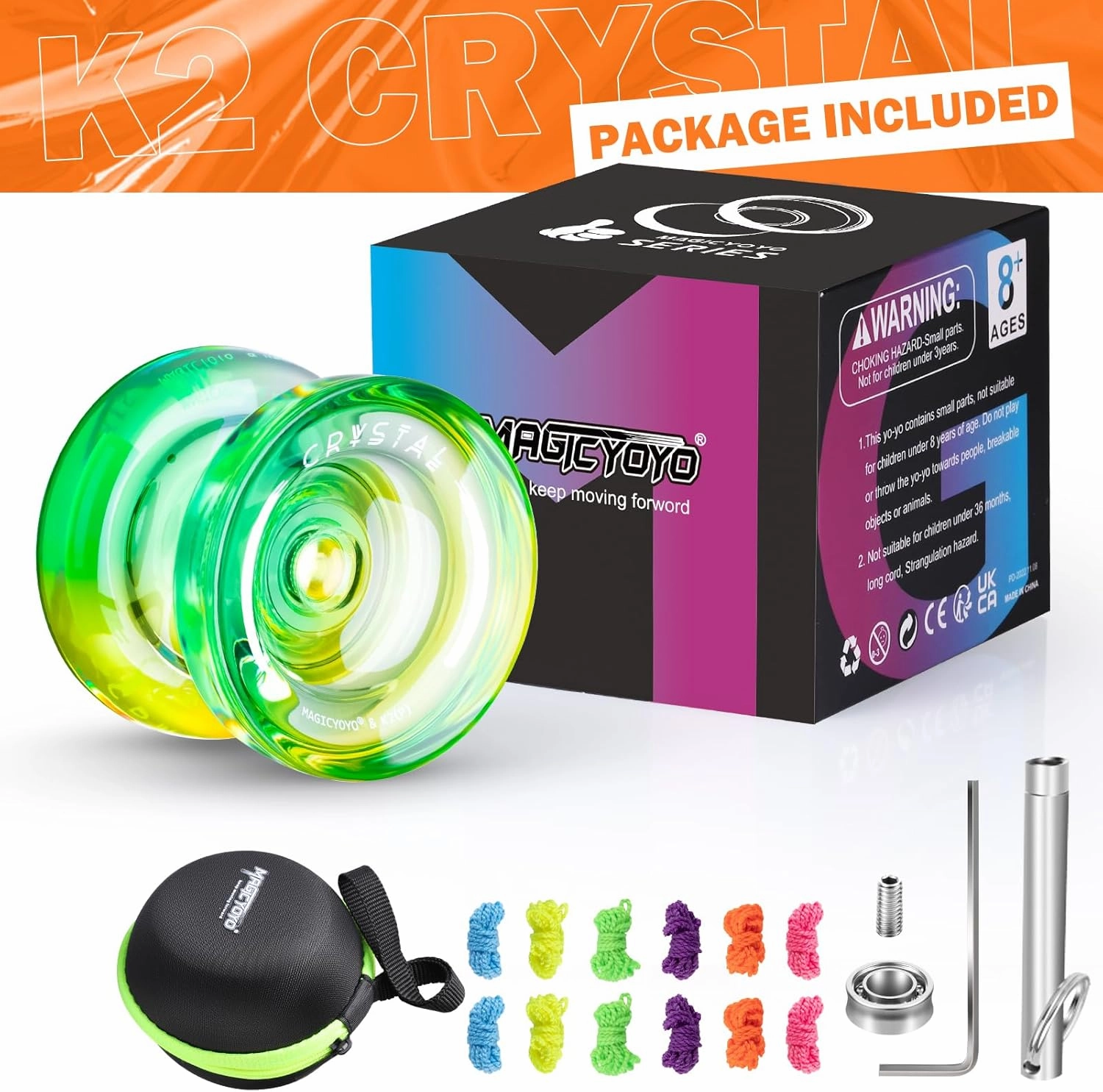 Professional Responsive Yoyo for Kids, K2 Crystal Dual Purpose Yo yo Replacement Unresponsive Yo-Yo Bearing for Intermediate, Plastic YoYo with 12 Yoyo Strings, Storage Bag (Green Yellow Gradient)